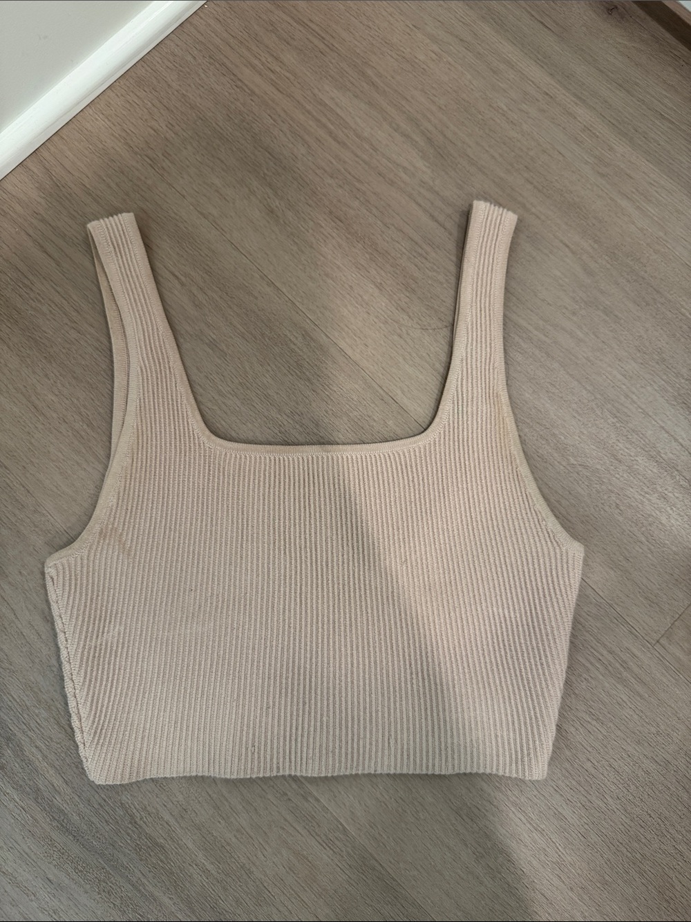 Aritzia Babaton Ribbed Square-Neck Crop Tank - Beige